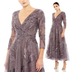 Mac Duggal 20336 Size 14 Purple 3/4 Sleeve V-Neck Midi Tea Dress Gown MOTB MOB